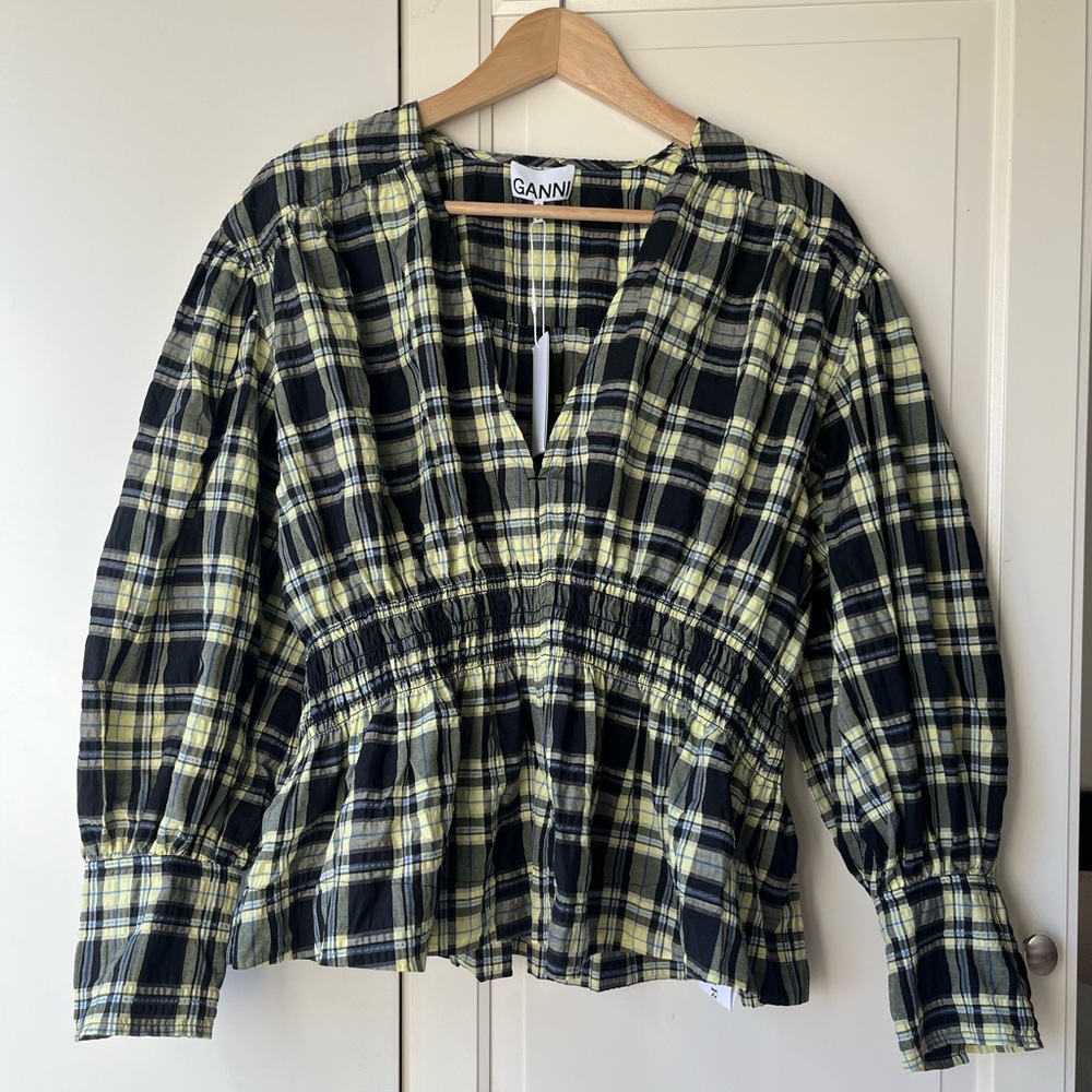 NWT GANNI Checked Plaid Peplum Blouse